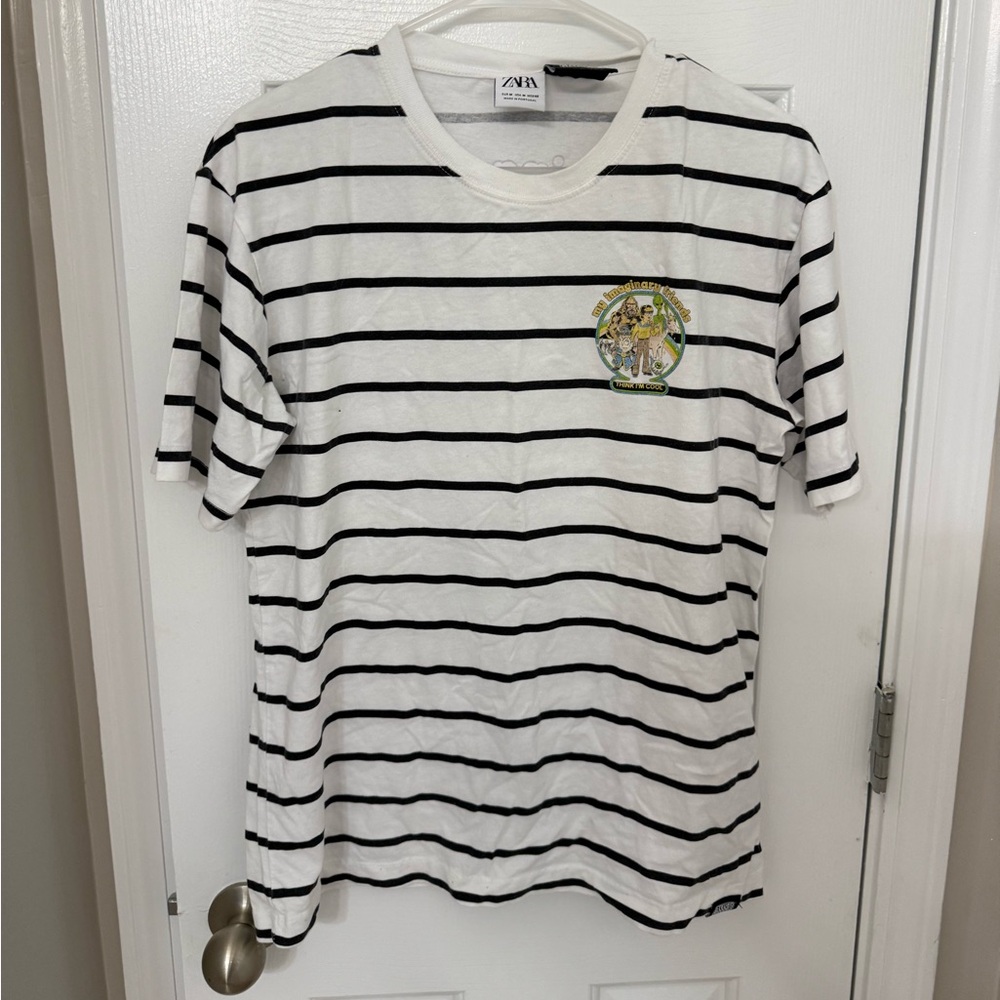 Zara Black and White Striped Tee with Graphic